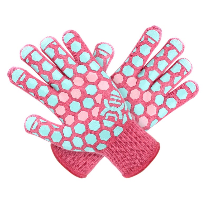 JH J H Heat Resistant Oven Glove:EN407 Certified 932 Â°F, 2 Layers Silicone Coating, Oven Mitts for Cooking,Kitchen,Fireplace, Grilling,1Pair (Coral Shell with Turquoise/Pink, Women Fits All) - Image 1